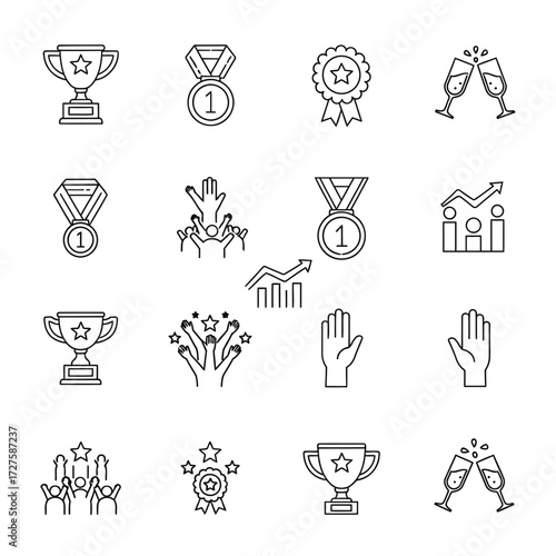 Vector art of line art icons depicting success, achievement, and celebration, , showcasing trophies, medals, and rising graph symbols