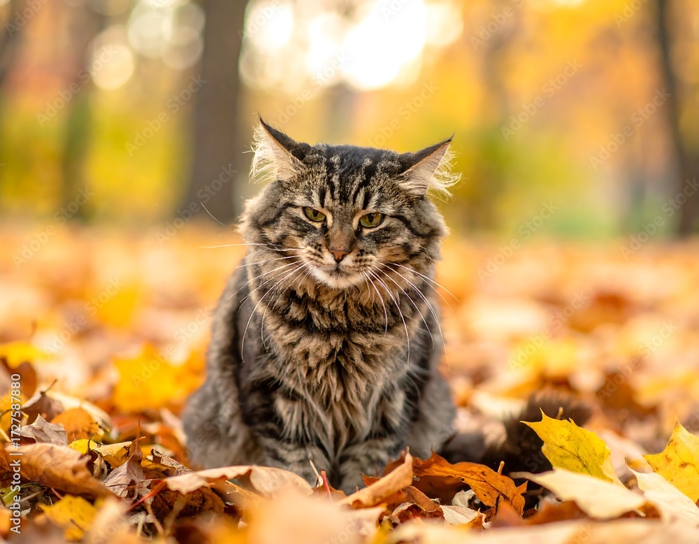 Fototapeta premium Tabby cat in autumn leaves (1)