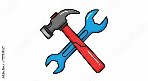 Hammer and wrench crossed in cartoon style with bright blue and red colors on white background for repair and DIY.