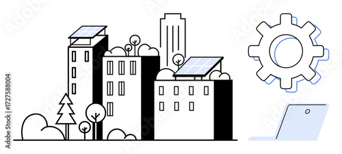 Urban buildings with solar panels, trees, gear, laptop. Ideal for sustainability, energy, technology, smart cities eco-living innovation green solutions. Simple flat metaphor