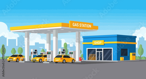 A modern gas station with a convenience shop and cars fueling up under a bright blue sky with fluffy clouds