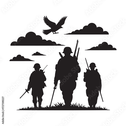 Three soldiers walking in formation with an eagle flying above in silhouette