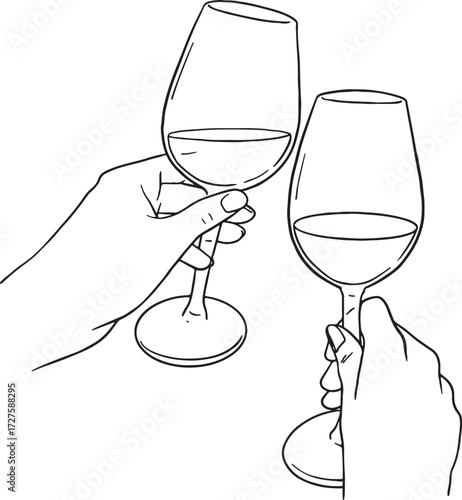 A hand-drawn black and white illustration of two hands holding wine glasses, making a toast. Perfect line art vector for celebration, success, event, party, and friendship concepts.