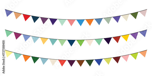 Colorful Party Flag Garlands Set – Festive Carnival, Birthday, and Celebration Bunting 
Decoration Vector Illustration