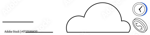 Cloud surrounded by clock and coin symbolizing time and cost efficiency. Ideal for technology, innovation, productivity, cloud storage, remote access, time management, cost savings. Minimalist flat