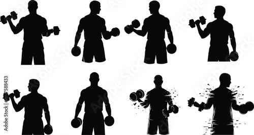 Bodybuilding silhouette, man lifting dumbbells, fitness workout, gym exercise, strength training, muscle building, weightlifting illustration, healthy lifestyle, power sports, athlete