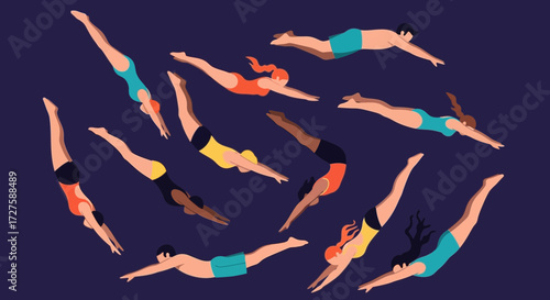 A diverse group of men and women in colorful swimwear gracefully dive into the water in a dynamic synchronized pattern