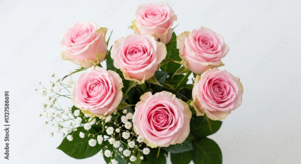 Obraz premium A beautiful bouquet of pink roses with babys breath isolated on white background
