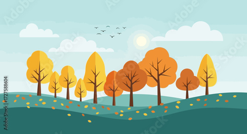 A picturesque autumn landscape unfolds with a variety of trees displaying vibrant orange and yellow foliage under a serene blue sky with fluffy clouds and a distant sun