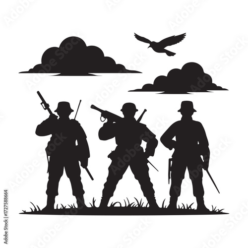 Three soldiers standing guard with rifles in silhouette against clouds and bird silhouette