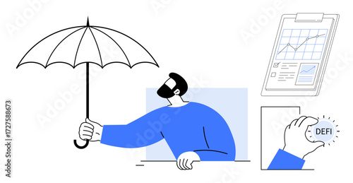 Man holding an umbrella signifies protection, accompanied by financial charts and DeFi coin. Ideal for finance, risk management, security, fintech, investment, cryptocurrency blockchain. Simple flat
