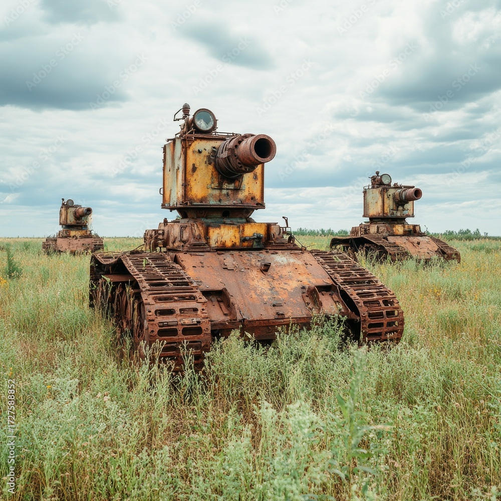 Fototapeta premium Rusty Tanks in Overgrown Field, military, decay