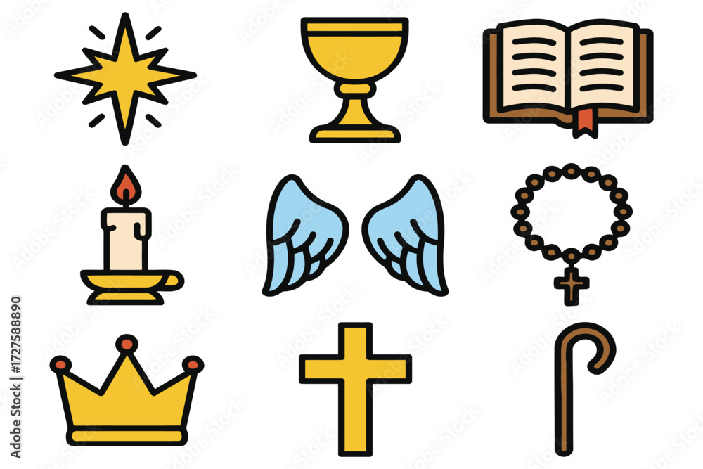 Fototapeta premium Collection of religious symbols including star chalice bible candle wings rosary crown cross and staff