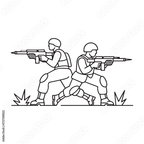 Two soldiers in tactical gear holding rifles in a defensive stance silhouette