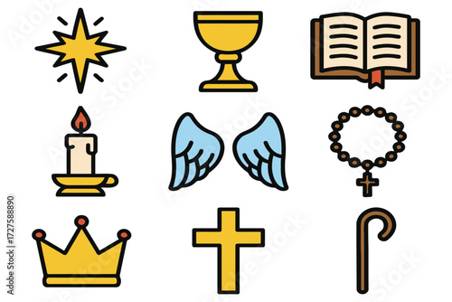 Collection of religious symbols including star chalice bible candle wings rosary crown cross and staff