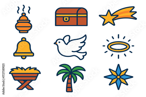 Collection of christmas nativity icons including manger star dove and palm tree