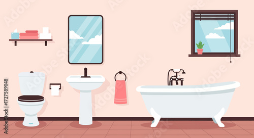 A modern bathroom interior featuring a white toilet, a pedestal sink with a towel hanging nearby, and a freestanding bathtub under a window with clouds