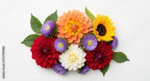 Colorful bouquet of dahlias and asters isolated on white background