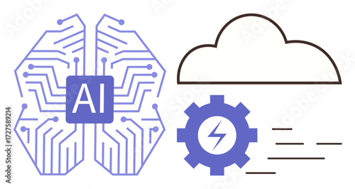 Brain-shaped AI chip, cloud outline, and gear with energy bolt conveying technological synergy. Ideal for AI, cloud services, innovation, automation, efficiency, machine learning simple flat