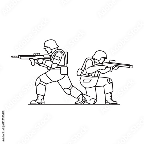 Two soldiers in tactical gear aiming rifles in a defensive stance silhouette