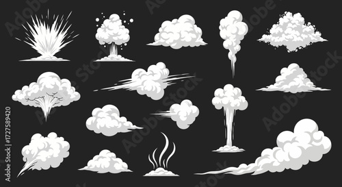 A collection of stylized white explosion and smoke effects on a black background, showcasing various forms of blasts, bursts, and billowing clouds