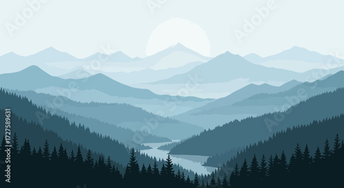 A serene mountain landscape unfolds with layers of bluehazed peaks and a winding river through a dense evergreen forest, under a pale sun