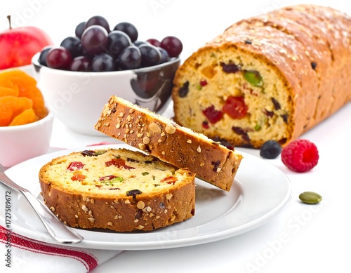 Sliced fruitcake with various berries and dried fruit