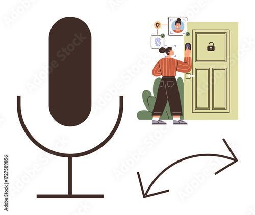 Microphone symbol, woman unlocking door via voice or biometric recognition system, flow arrow indicating processing. Ideal for security, AI, voice command, privacy, automation, technology futurism
