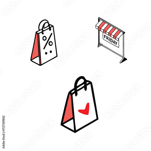 Three shopping bags and a market stall illustration isolated on white background