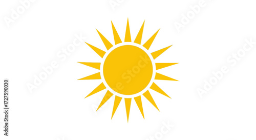 A vibrant yellow sun with sharp rays, isolated on a clean white background, symbolizing warmth and bright daylight