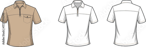 Short sleeve polo shirt vector template with front pocket zipper placket collar design technical flat sketch mockup for fashion apparel