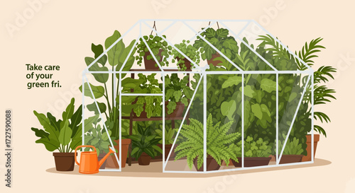 A vibrant illustration of a greenhouse filled with lush green plants and a watering can, symbolizing growth and care for nature