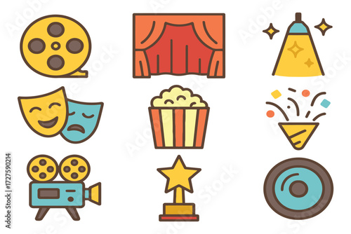 Collection of colorful flat design icons representing cinema and entertainment concepts