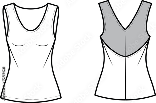 Women sleeveless tank top fashion flat sketch front and back view vector template design mockup for apparel pattern illustration