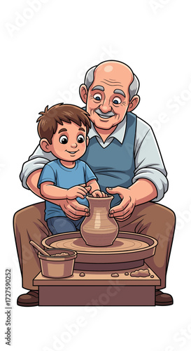Grandfather and grandson happily engage in pottery together, creating memories
