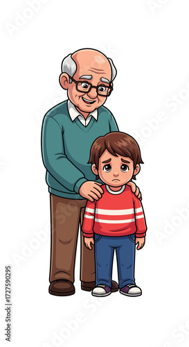 Kind grandfather comforting his sad and upset young grandson with a gentle touch
