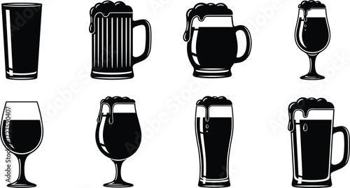 Beer glass silhouette vector set, drinkware icons, black outline style, pint mug goblet stein shapes, minimal beverage design pack