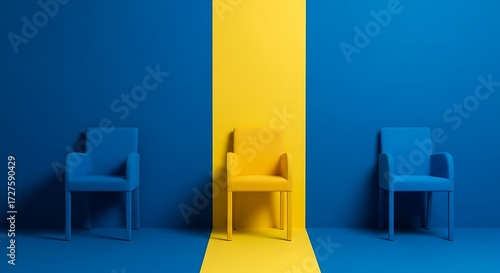 Stand out success, unique opportunity, and the power of individual choice, highlighted by a vibrant yellow chair amidst blue.