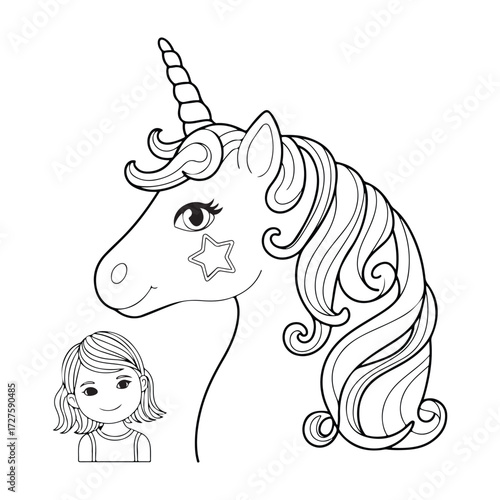 Whimsical outline drawing of a young girl and a majestic unicorn head silhouette