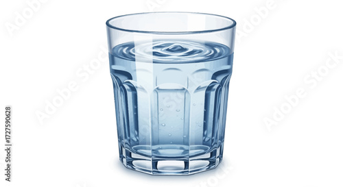 A clear glass filled with refreshing water, showing subtle ripples on the surface, isolated on a white background