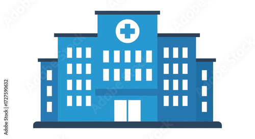 A modern blue hospital building with a prominent cross symbol, representing healthcare and medical services