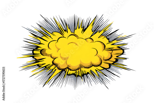 Yellow comic burst explosion, cartoon style energy blast with cloud and spikes. Isolated on transparent background.