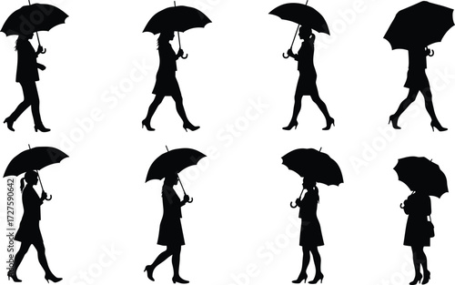 Silhouette of women walking with umbrellas, female in rain, stylish ladies holding umbrella, rainy day fashion, outdoor weather illustration vector