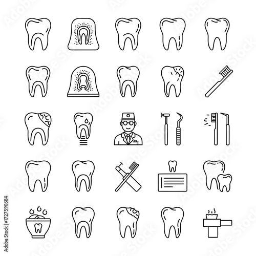 Vector art of dental care and oral hygiene icons showcase teeth, dentist, toothbrush, and tools for maintaining a healthy smile