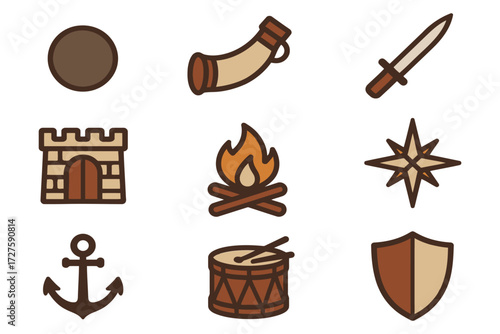 Collection of medieval and nautical themed icons for adventure and exploration