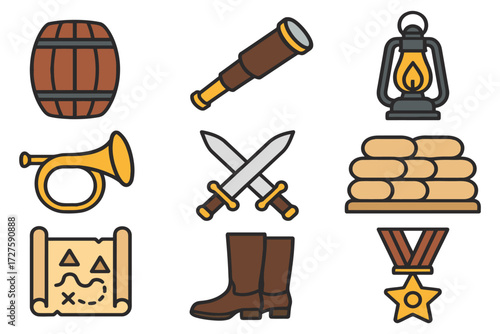 Collection of western adventure and exploration icons for design projects