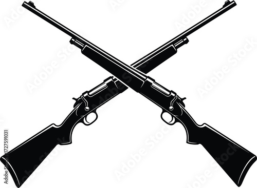 Crossed rifle silhouette vector, firearm icon set, black outline style, hunting military symbol, minimal weapon design, tactical artwork