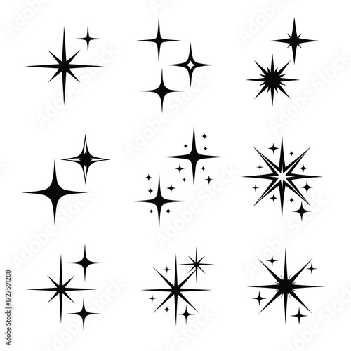 Vector art of collection of starbursts, symbolizing sparkle, shine, and magical effects for graphic design and visual enhancements