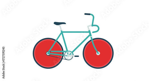 A vibrant turquoise bicycle with bright red wheels is depicted in a flat illustration style, isolated on a clean white background