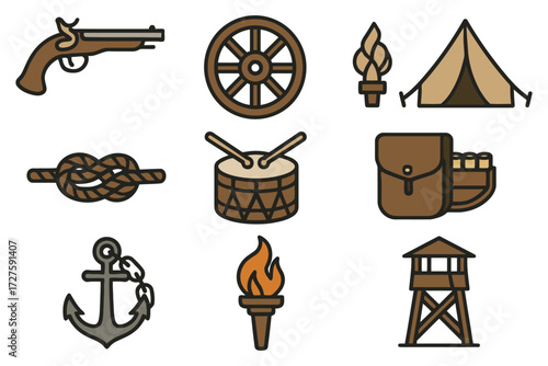 Vintage adventure icons featuring pistol wagon wheel tent drum and anchor